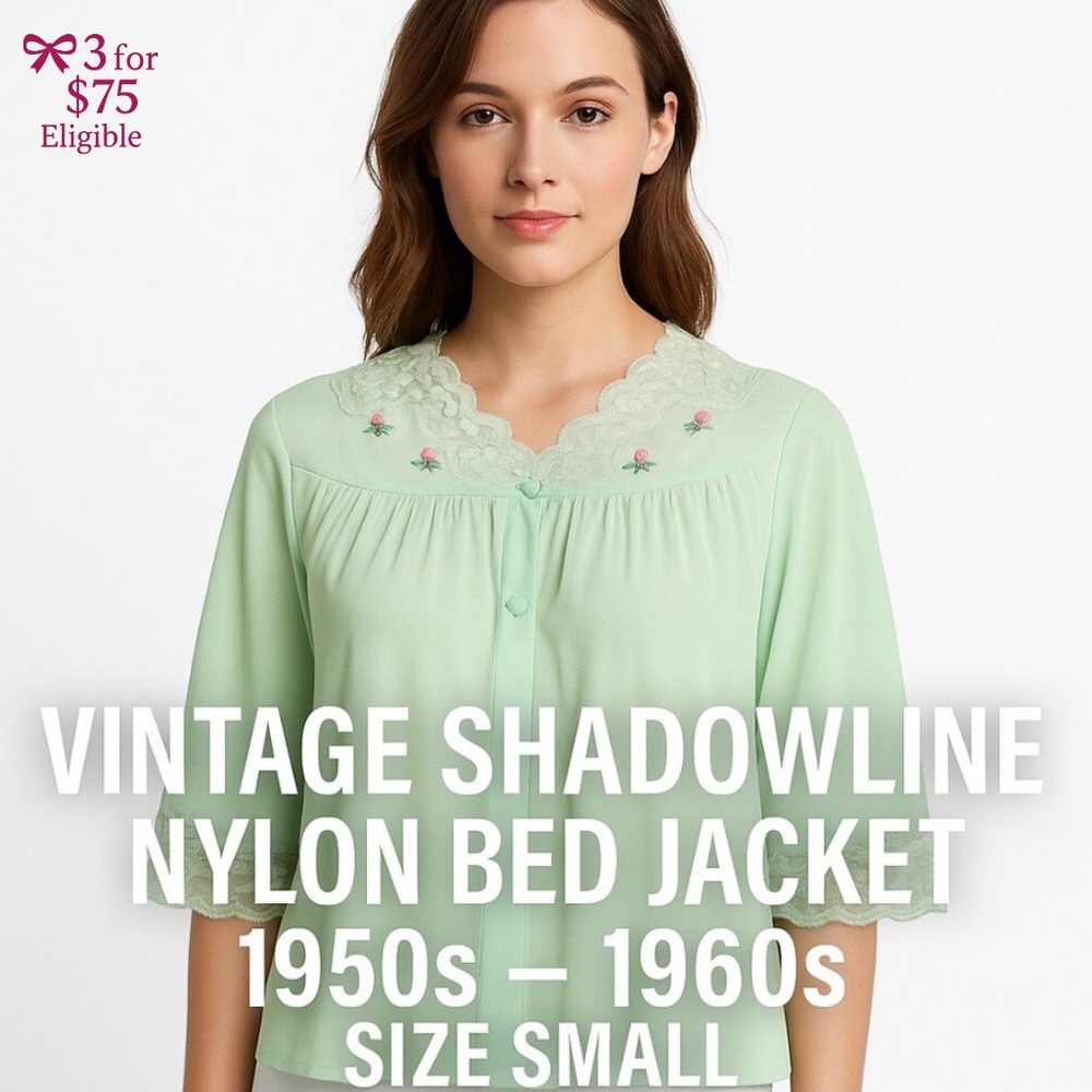 🎀  Vintage Shadowline Sheer Mint Lace Bed Jacket Boudoir Sz M